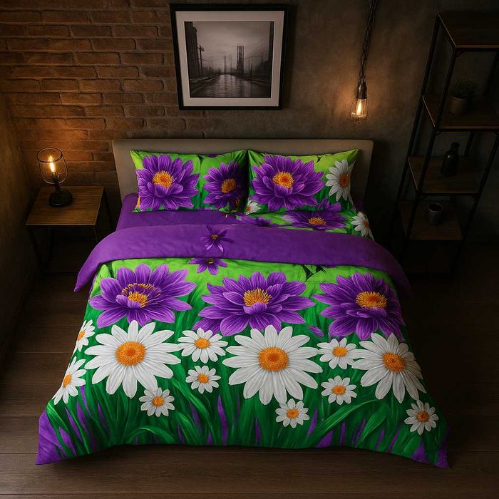 Nowa pościel LeLit – komplet rodzinny z torbą, polycotton, kwiaty