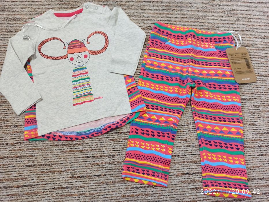 Komplet nowy bluzka i tregginsy dla dziewczynki 9/12 mies 80 Endo