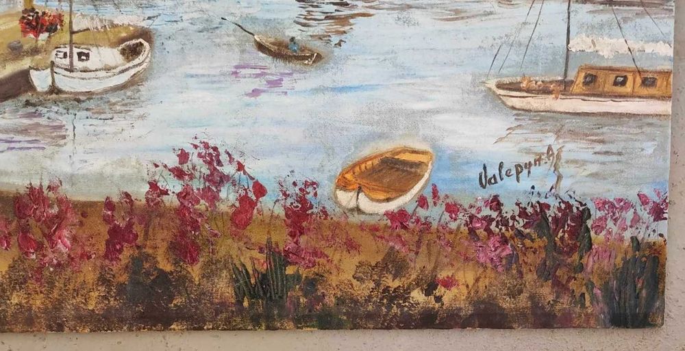 Paisagem provençal, porto e montanhas - Óleo tela - Pintura Quadro