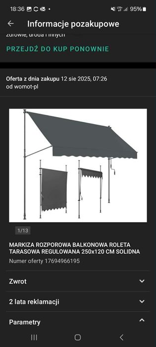 Markiza (Baldachim) zwijana korbą
