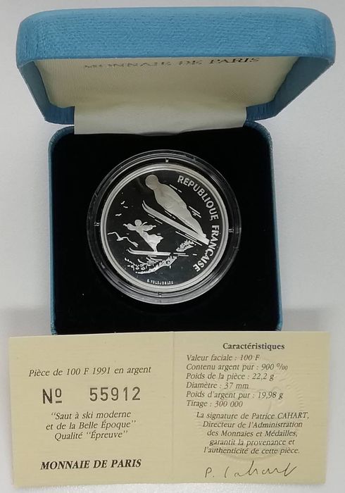 Франція 100 франків 1991р. СРІБЛО. ПРУФ. Стрибки з трампліна.