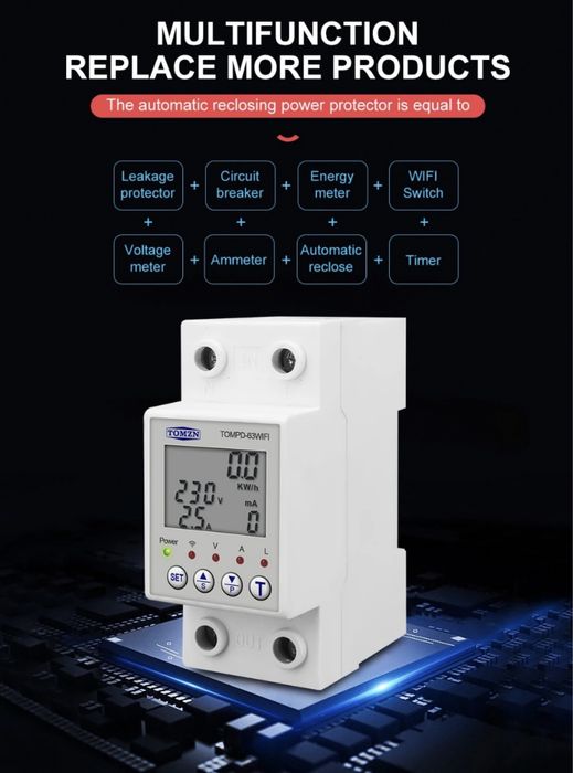 Розумний автомат 63А, ПЗВ, реле напруги з моніторингом Wifi TOMZN Tuya