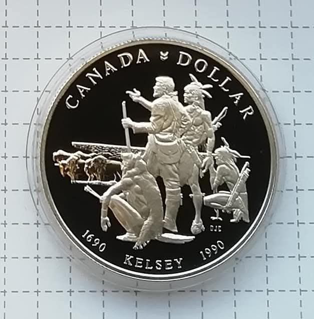 Канада 1 долар 1990р. СРІБЛО. ПРУФ. Подорож Генрі Келсі. Сертифікат.