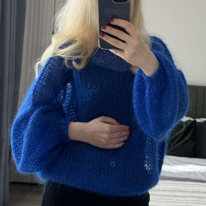 Светр вязаний мохеровий ручна робота павутинка хмаринка синій