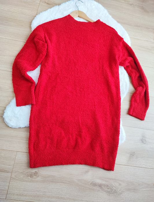 Czerwony dłuższy sweterek damski M/L pluszowy ciepły jesień