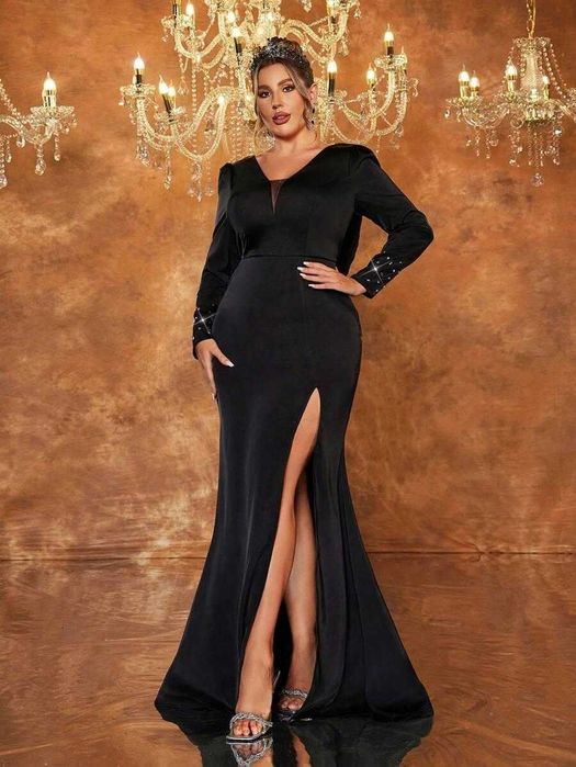 Czarna długa sukienka wieczorowa zdobione kryształkami rękawy 48