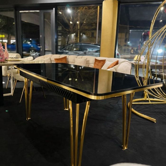 Stół Loft Rozkładany Złote Nogi | Czarny Połysk | Nowoczesny