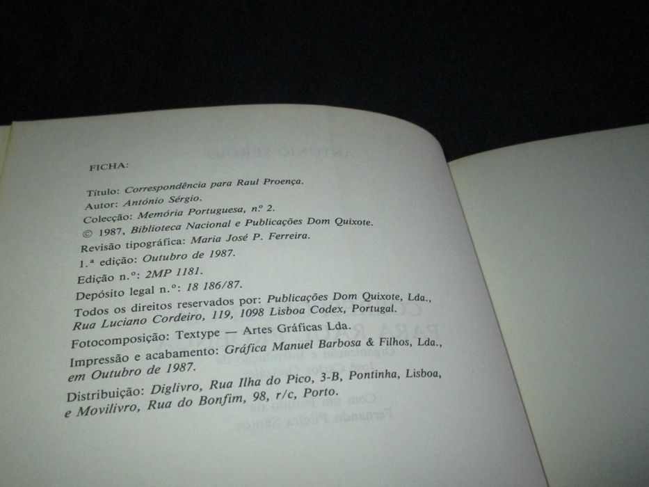 Livro Correspondência para Raul Proença António Sérgio 1987