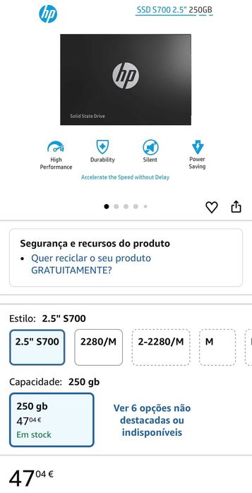 Disco rígido SSD interno Hewlett Packard de 250 GB
