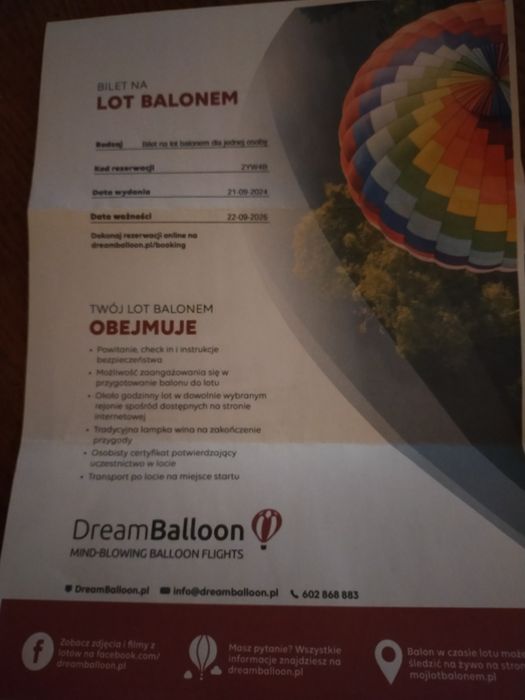 Przelot balonem dla 2 osob