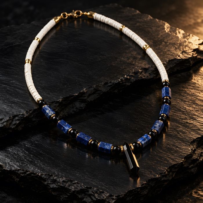 Naszyjnik męski - Lapis Lazuli, Onyks, Hematyt - stal szlachetna - PVD