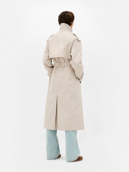 Długi prochowiec trencz z kołnierzem i paskiem do regulacji w talii L