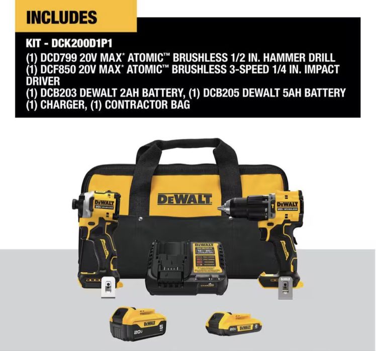DeWALT DCK200D1P1 набір інструментів 20V MAX з дрилем та шуруповертом