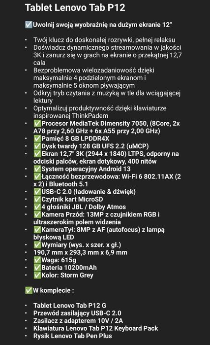 Tablet Lenovo Tab P12  12,7" 8/128 GB rysik + klawiatura