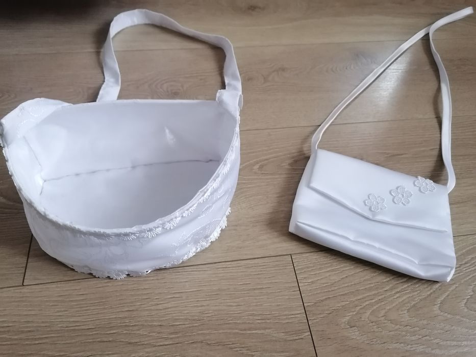 Sukienka alba komunijna rozm. 137-140 i bolerko, torebka i koszyczek