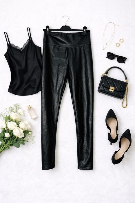 Czarne spodnie skórzane z wysokim stanem XL 42