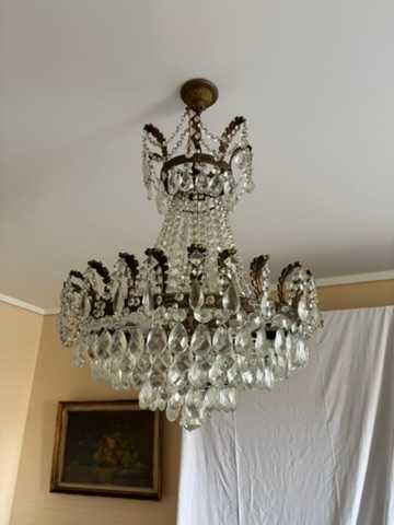 Lustre de Teto Antigo Estilo Império em Bronze e Cristais Lapidados