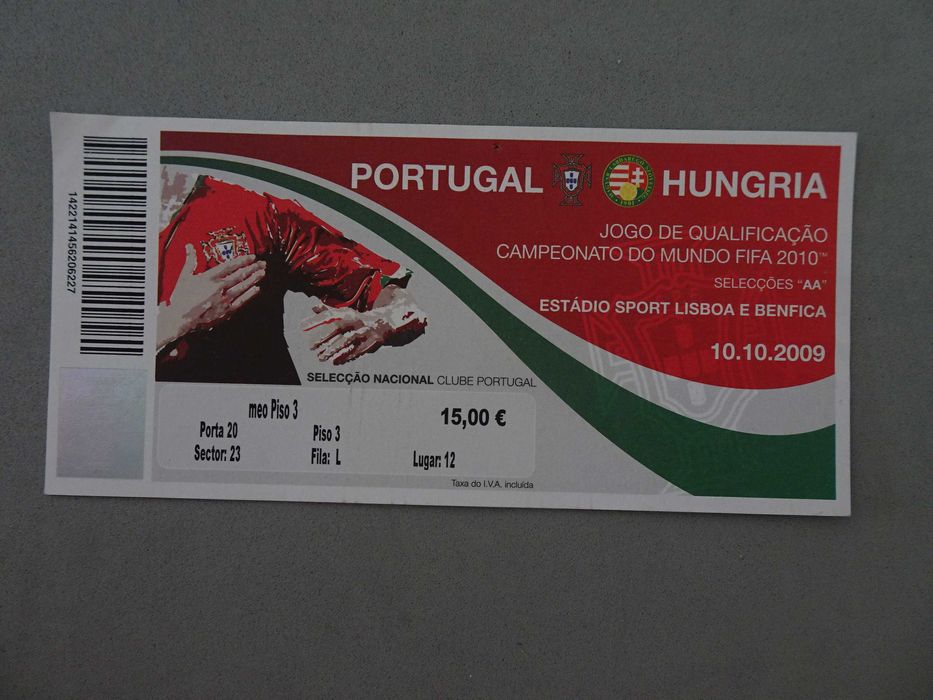 Bilhete de futebol Portugal Hungria Jogo de qualificação Campeonato do Mundo Fifa 2010 - 10 outubro 2009 nº 12