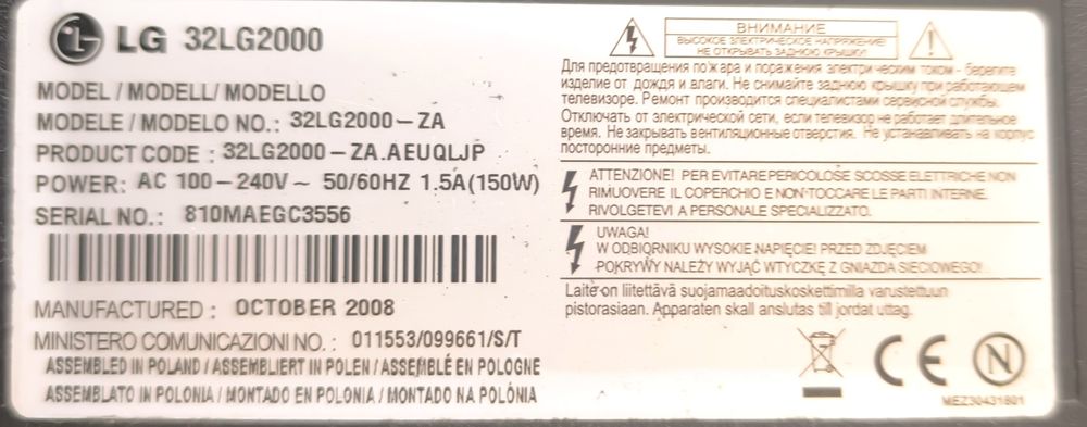 Televisão LG 32 - cabo e suporte