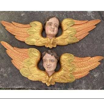 Par caras de anjo madeira de castanho pintura e douramento