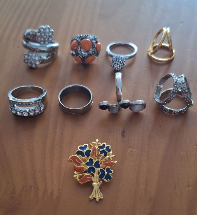 Anéis, Anéis de lenços e Pregadeira com vários designs e cores