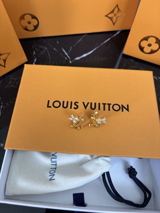 Nowe złote kolczyki Louis Vuitton LV stal nierdzewna pudełko torba
