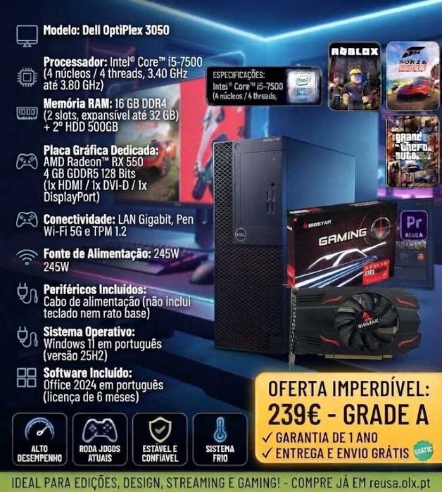 Desktop Dell Low Gaming 7ªG| i5 ou i7 | 16G-DDr4 | NVMe256 + HDD500 | RX550-4G | WiFi | W11