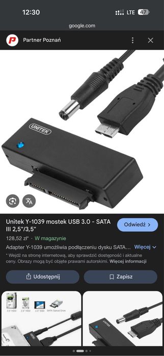 Czytnik dysków Unitek USB 3.0 - SATA III 2,5"/3,5" dysk HDD SSD Adapter + zasilacz NOWE