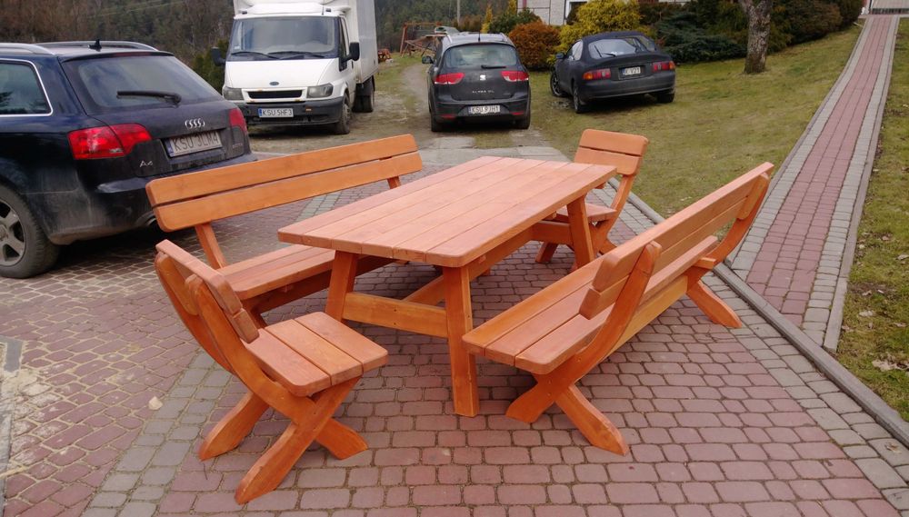 Komplet ogrodowy, Meble ogrodowe, ławy, stoły, domek narzędziowy