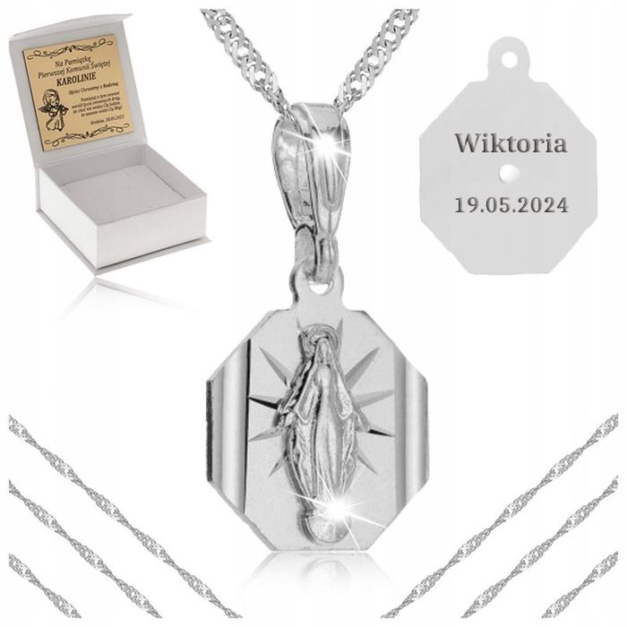 Srebrny Łańcuszek + Medalik Matka Boska 925 Prezent Komunia Chrzest Gr