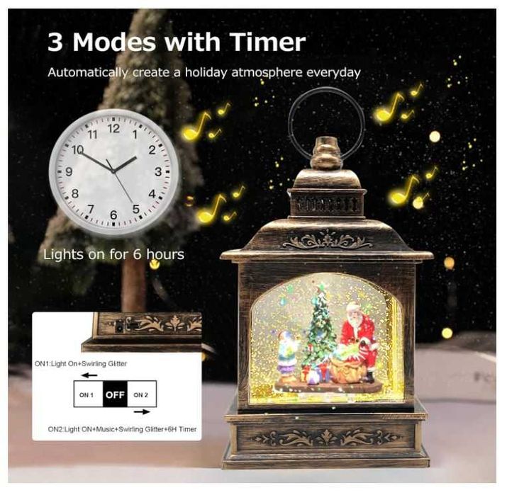 Latarnia świąteczna śnieżna podświetlana z muzyką, wzór Mikołaj
