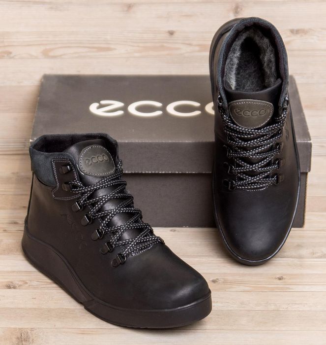 Чоловічі шкіряні черевики Ecco, зимові чорні ботінки високі, на хутрі