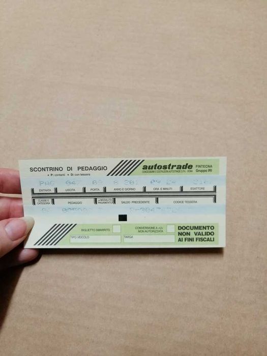 Pokwitowanie opłaty za autostradę we Włoszech. Z początku lat 2000.