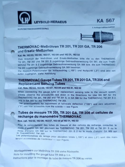 Термовакуумний датчик Leybold Heraeus 162 02 Br2, TR206