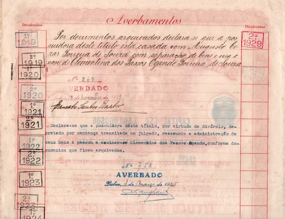 Título de 10 Acções - Banco Português Brasileiro (1919)