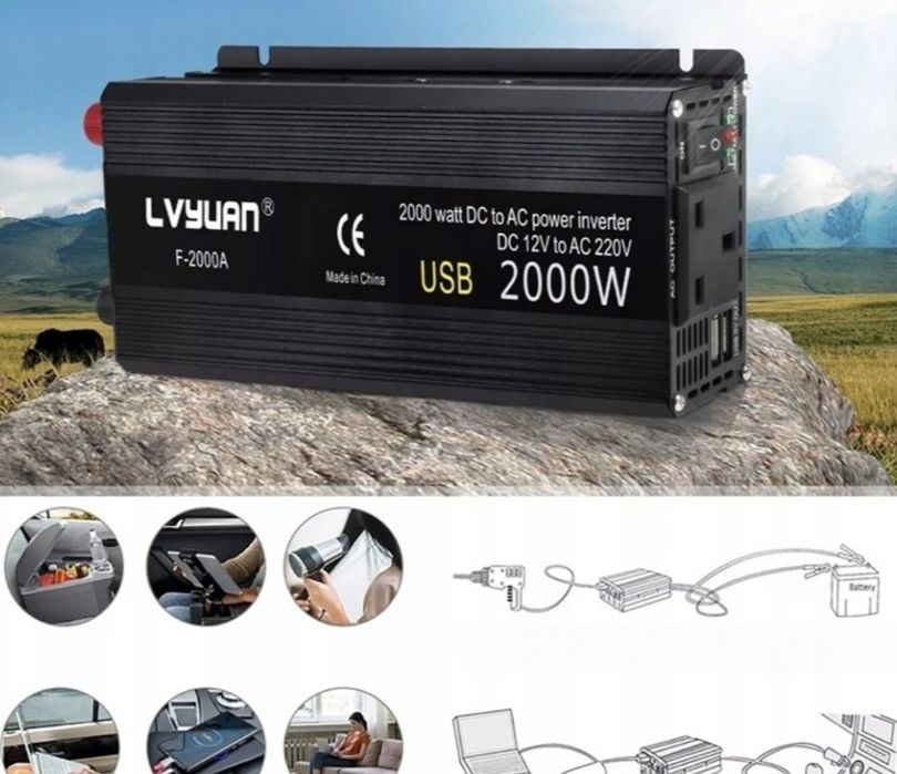 Przetwornica samochodowa 12v 230v  duża moc 2000w wydajna