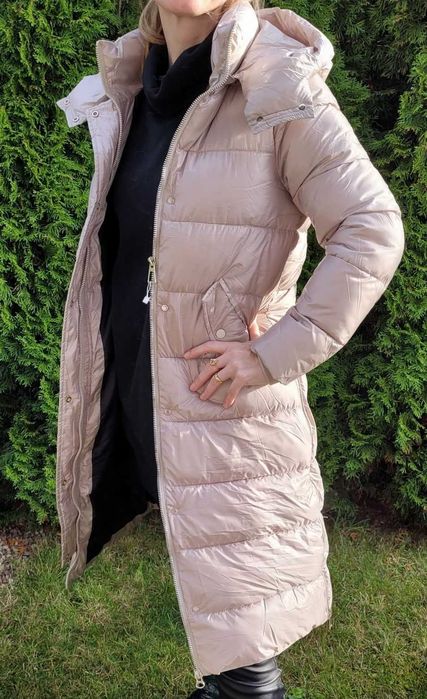 Długa damska beżowa kurtka zimowa, płaszcz - M-2XL nowa