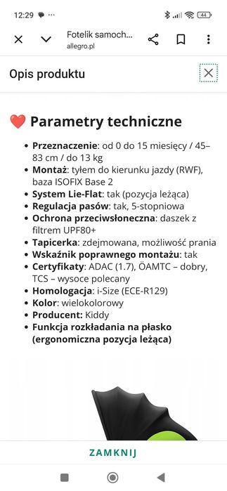 Fotelik samochodowy Kiddy plus baza isofix
