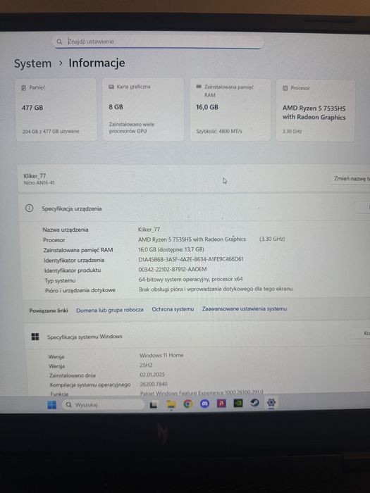 Acer Nitro 16 AN16-41-R372 16” 165hz R5 7535HS 16GB RAM 512GB