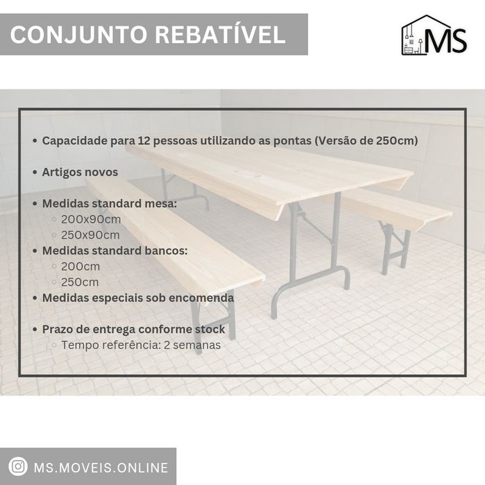 Conjunto mesa e bancos rebatíveis em pinho