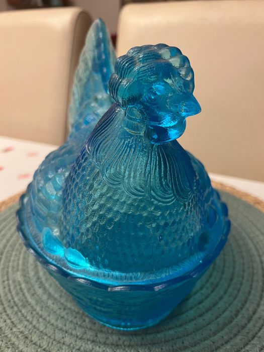 Duża Kura szklana turkusowa niebieska HSG Ząbkowice, PRL, new look