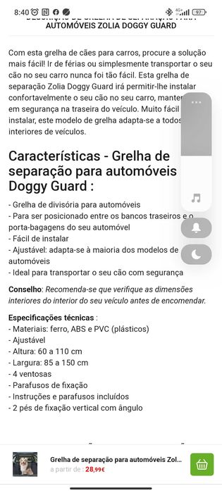 Grelha de separação para automóvel