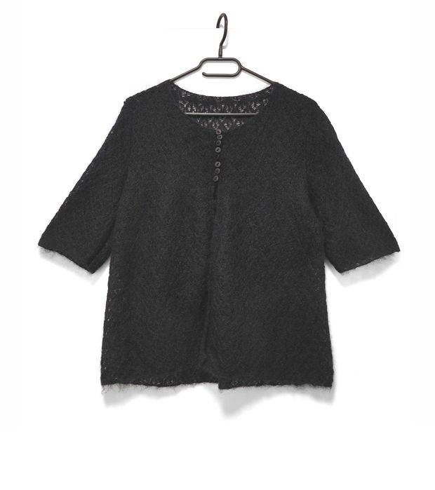 Sweterek Krótki Rękaw Ażurowy Moherowy Puszysty Czarny