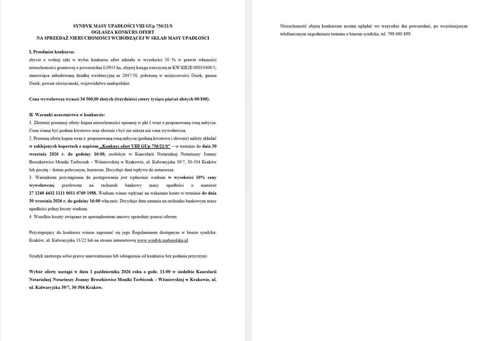 Syndyk masy upadłości ogłasza konkurs ofert na sprzedaż nieruchomości w miejscowości Osiek - Widok 2