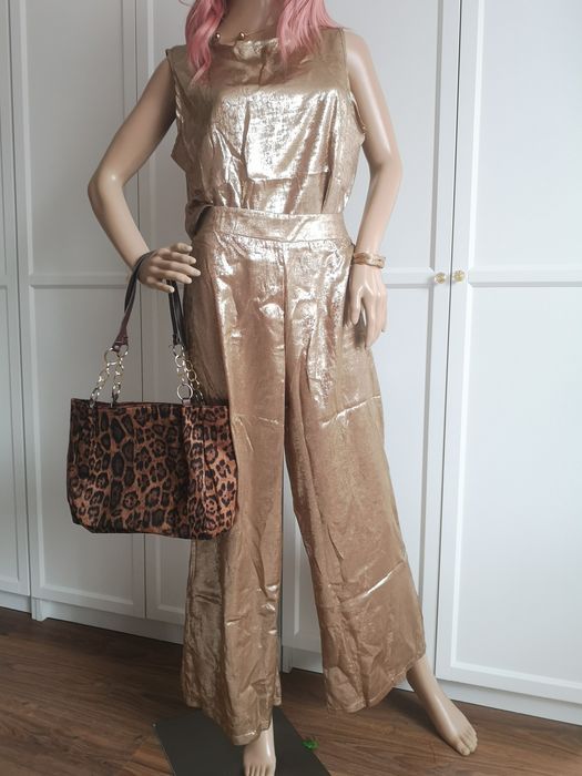 Złoty komplet garnitur 38 M bluzka spodnie szerokie błyszczący wesele