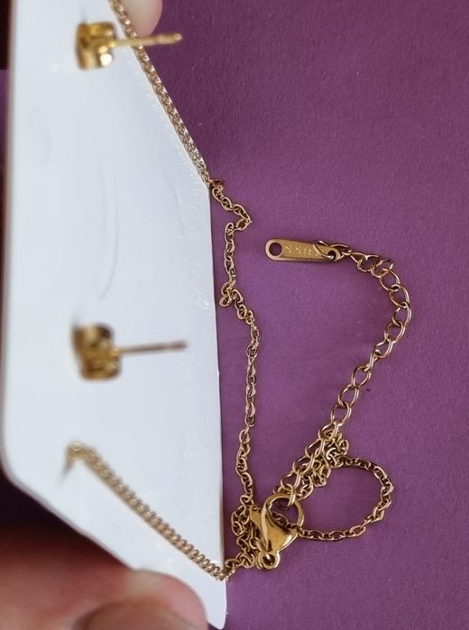 Conjunto dourado (colar e brincos), em aço, com libelinha.