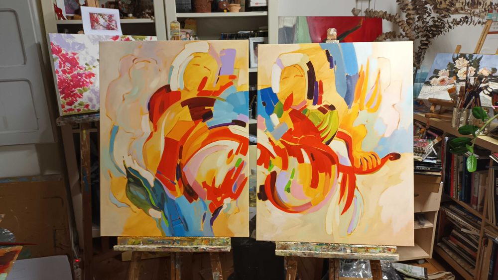 Quadro Abstracto Amarelo 100x100cm com moldura.