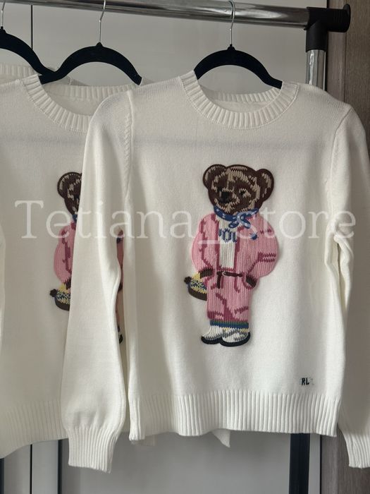 Жіночий білий светр віскоза кофта з рожевим ведмедиком Polo Ralph Lauren S M L XL