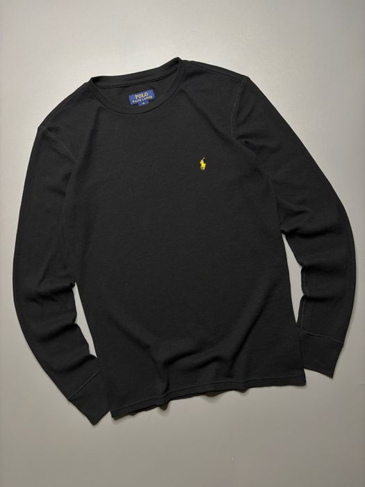 Кофта Ralph Lauren Polo вафельна лонгслів насичених чорний колір з золотим логотипом чоловіча розмір М свіжі колекції