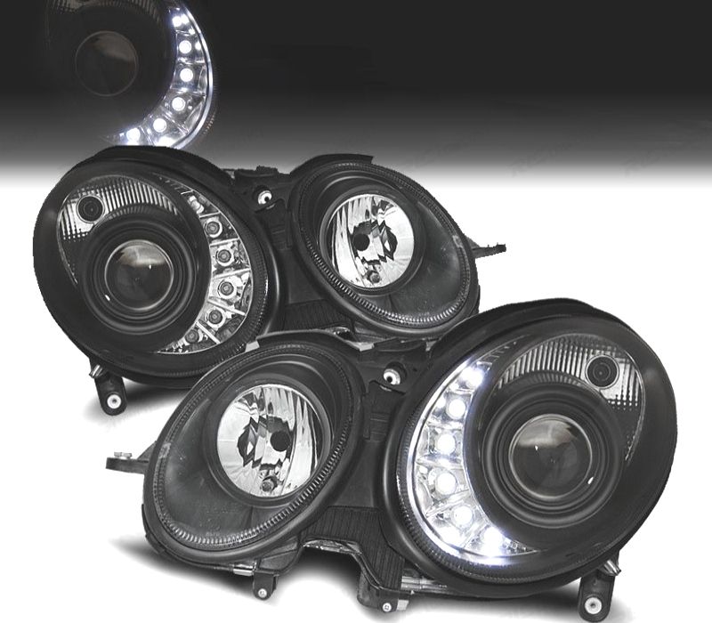 FARÓIS XENON LUZ DIURNA LED MERCEDES E W211 02-06 FUNDO PRETO